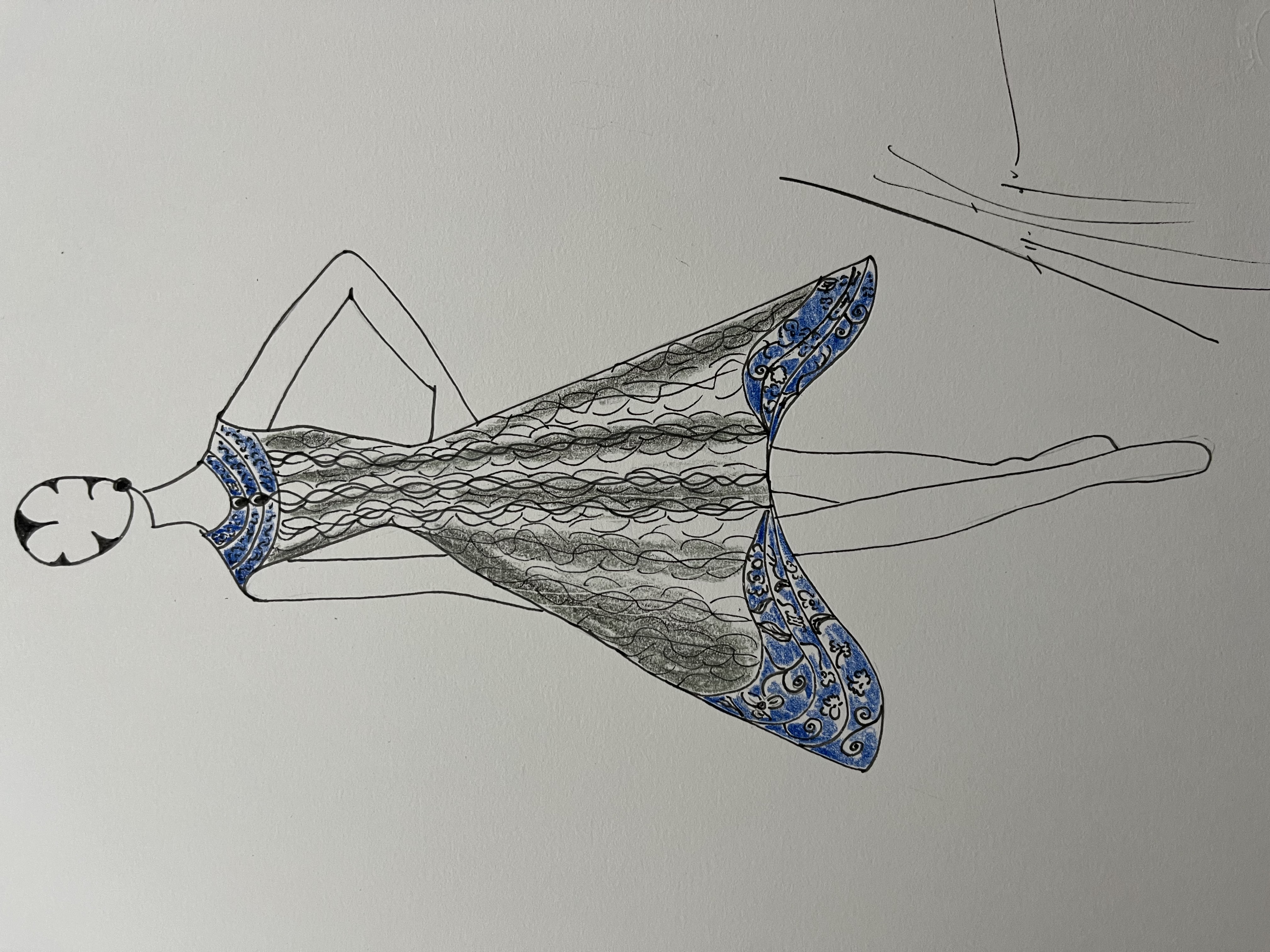 Dessin  d'une robe d'été courte haute couture richement ornée en jacquard bleu et marron ourlet relevé, sans manches